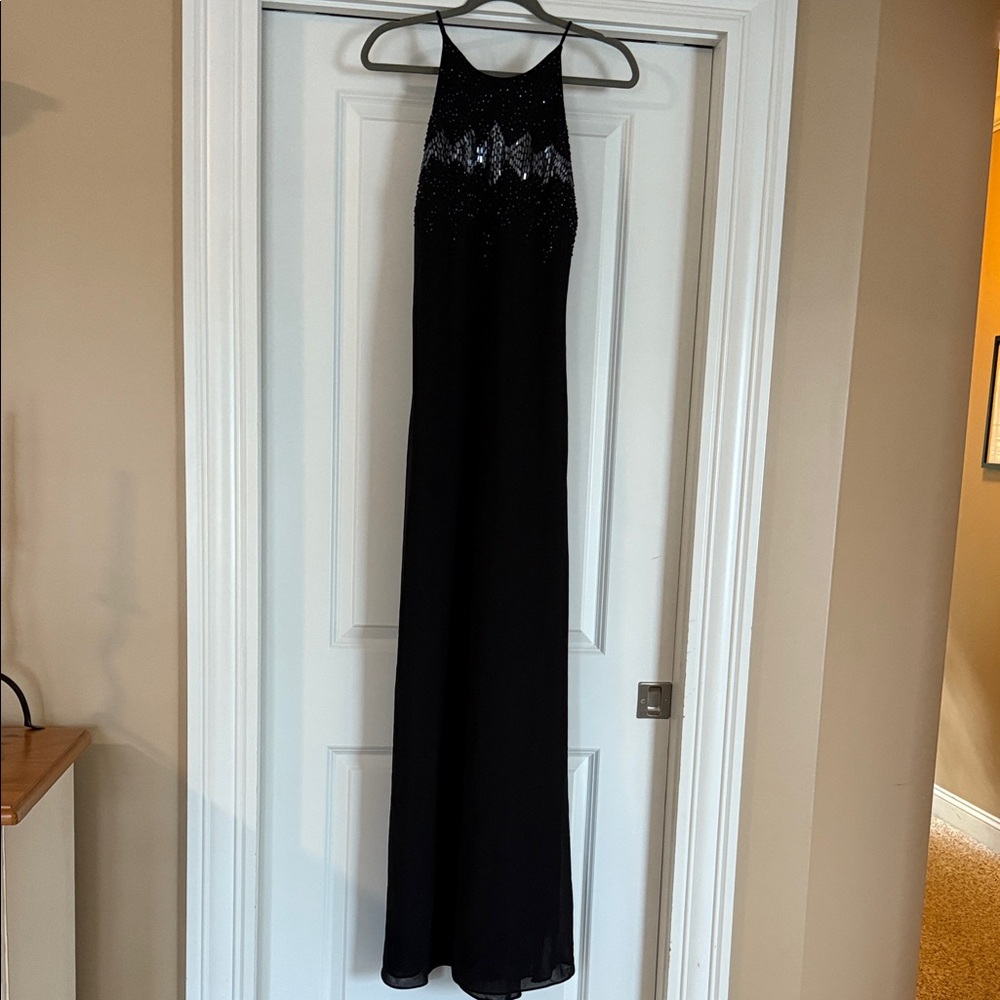 Cachet Black floor length Dress with rhinestones on top and matching shoulder wr